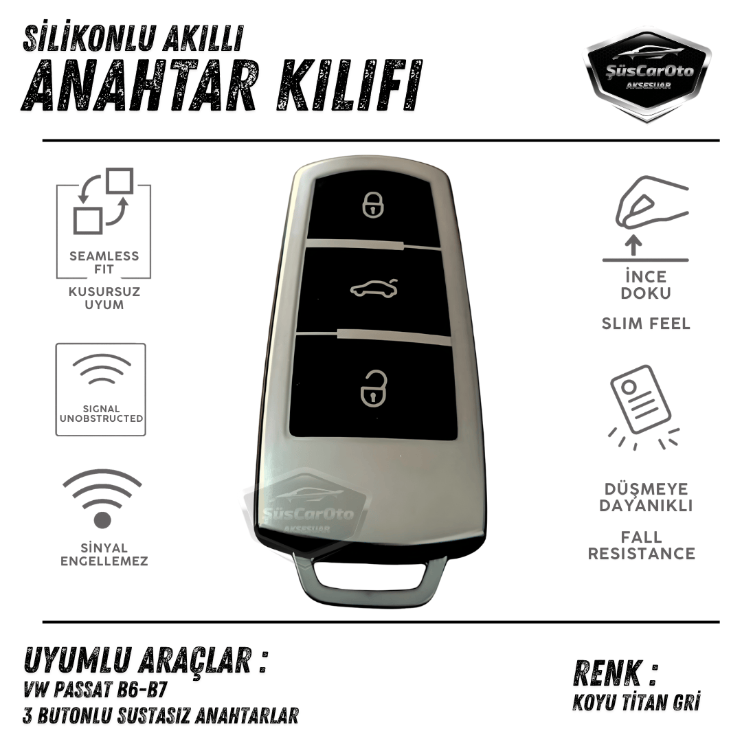 Volkswagen Passat B6 B7 Uyumlu Silikon Anahtar Kılıfı Oto Anahtar Kabı Darbe Emici Anahtarlık Koyu Titan Gri image 0