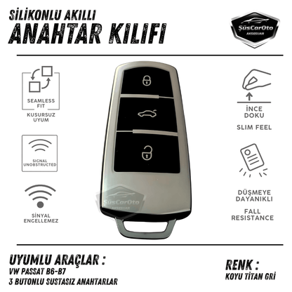 Volkswagen Passat B6 B7 Uyumlu Silikon Anahtar Kılıfı Oto Anahtar Kabı Darbe Emici Anahtarlık Koyu Titan Gri image 0