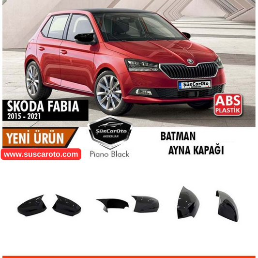Skoda Fabia Mk3 Sinyalli 2015-2021 Uyumlu Batman Yarasa Ayna Kapağı Piano Black ABS Plastik image 0