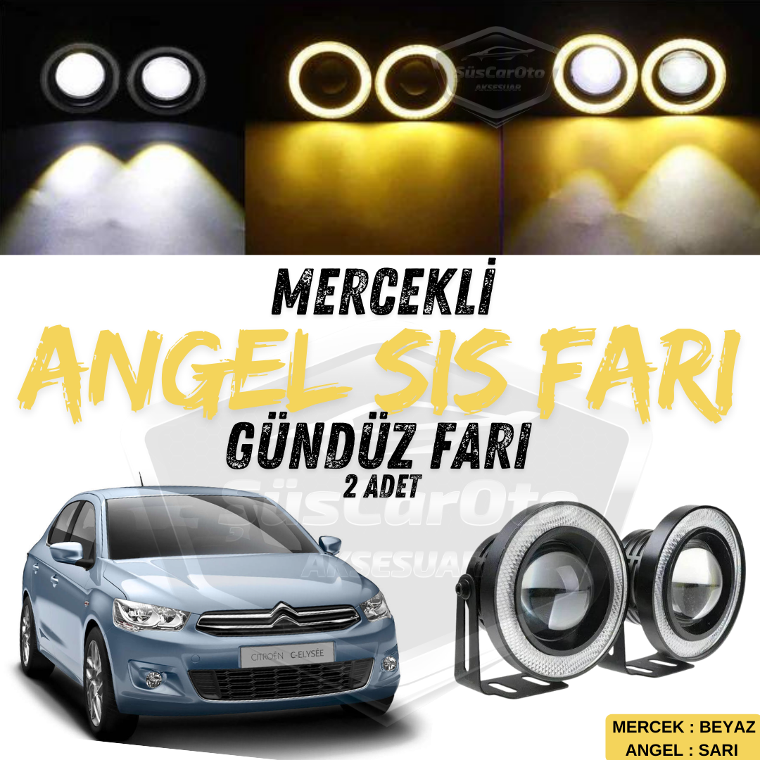 Citroen C Elysee 2012-2023 Uyumlu Üniversal Mercekli Angel Sis Farı Metal Su Geçirmez 76 mm Sarı Halkalı Gündüz Farı Angel Eyes 2 Adet image 0