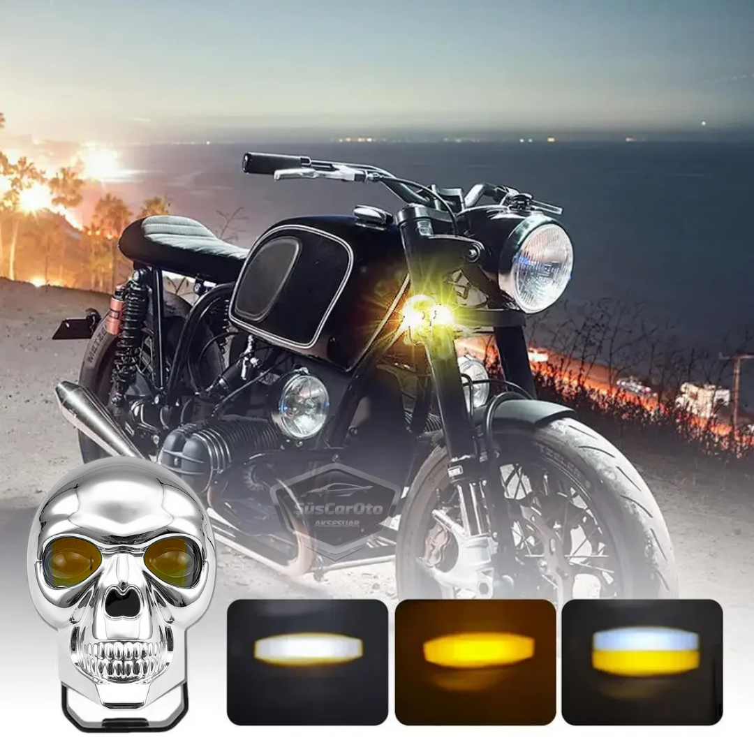 Universal Kurukafa Sis Farı Çakarlı Çift Renk Sarı-Beyaz 9-60V Kafatası Araç Motosiklet Off Road Led Lamba Delici Yayıcı Projektör 50W Metal Arazi Çalışma Lambası 1 Adet Krom image 1