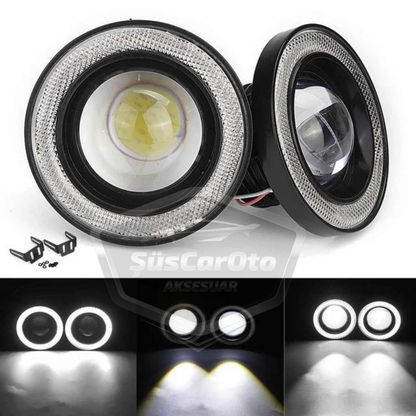 Fiat Doblo D3 2010-2015 Uyumlu Üniversal Mercekli Angel Sis Farı Metal Su Geçirmez 76 mm Beyaz Halkalı Gündüz Farı Angel Eyes 2 Adet image 1