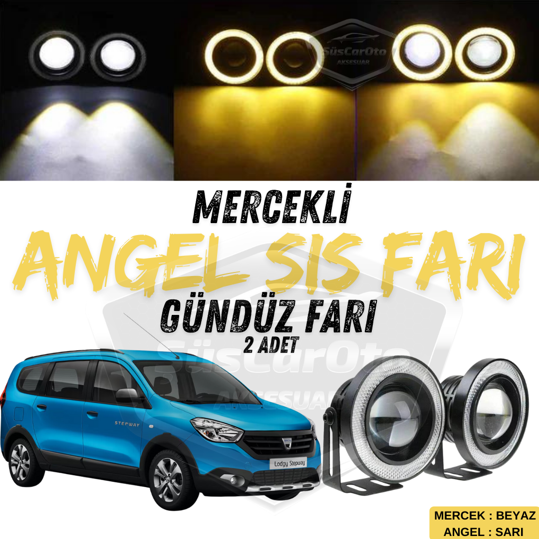 Dacia Lodgy 2012-2022 Uyumlu Üniversal Mercekli Angel Sis Farı Metal Su Geçirmez 76 mm Sarı Halkalı Gündüz Farı Angel Eyes 2 Adet image 0