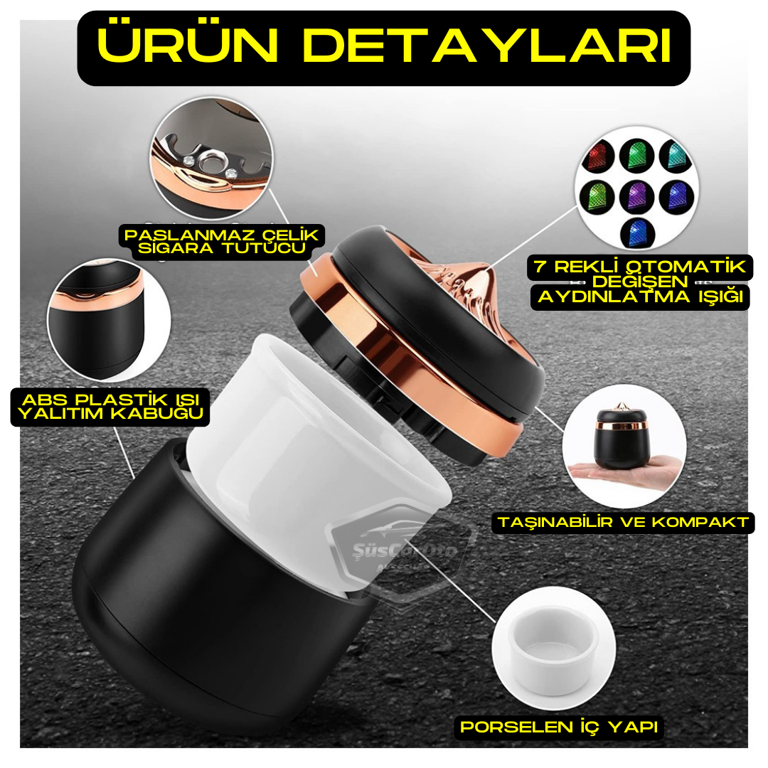 Üniversal 7 Renkli Işıklı Porselen Yanmaz Koku Geçirmez Lüx Oto Küllük Dumansız Kapaklı Spor Araç İçi Küllük Araba Küllüğü Gold image 1