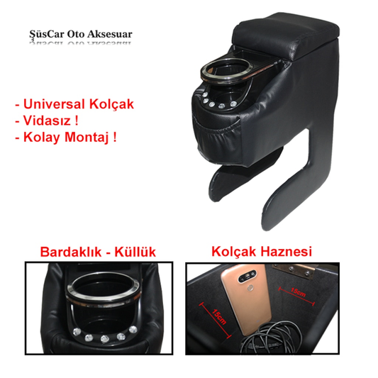 Üniversal Montajsız Bardaklı Taşlı Deri Kolçak Kol Dayama Siyah Vidasız Her Araca Uygun image 0