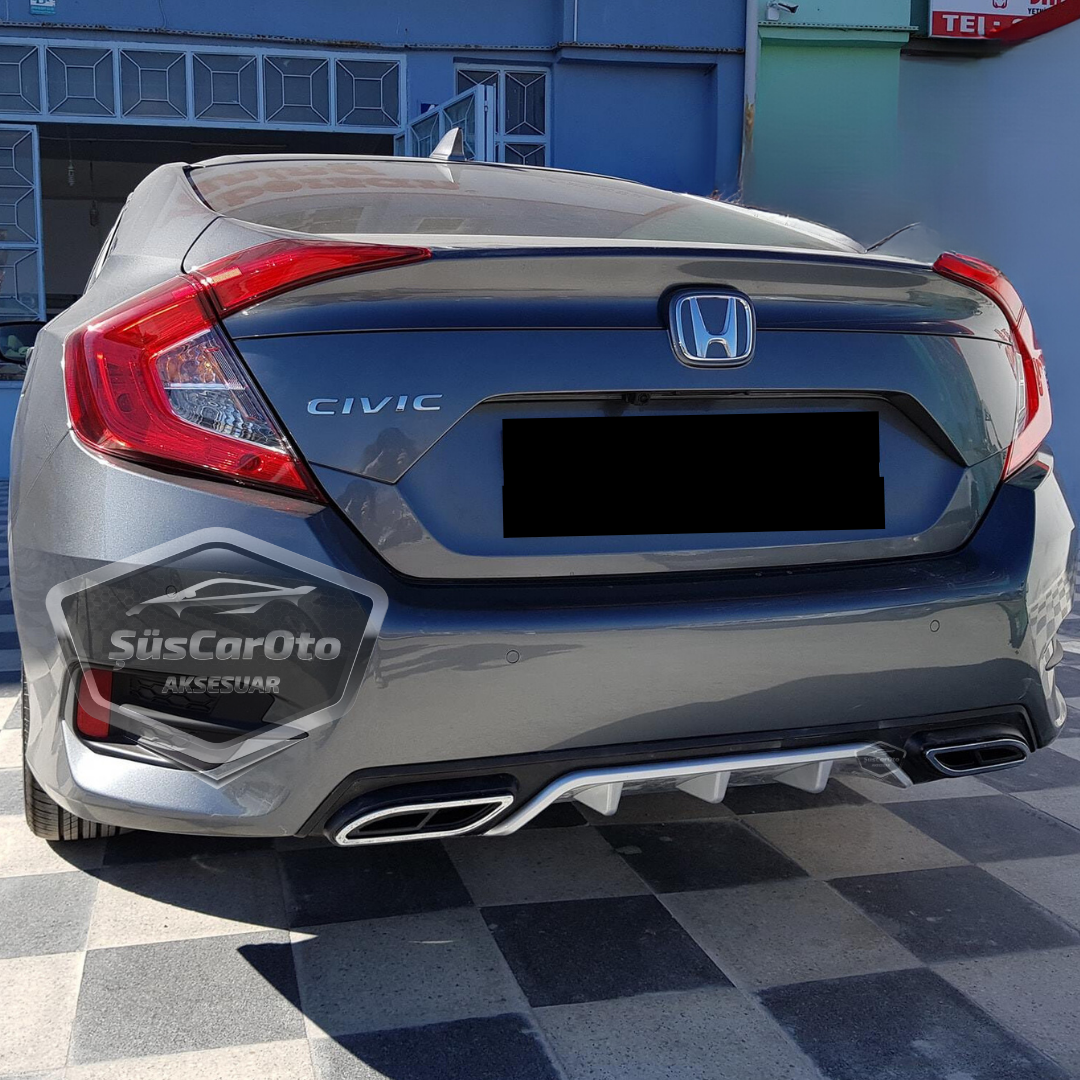 Honda Civic FC5 2016-2021 Araca Özel Siyah Gri Arka Difüzör Tırnaklı Çift Kare Egzoz Çıkışlı Arka Tampon Eki İthal 1.Sınıf image 4