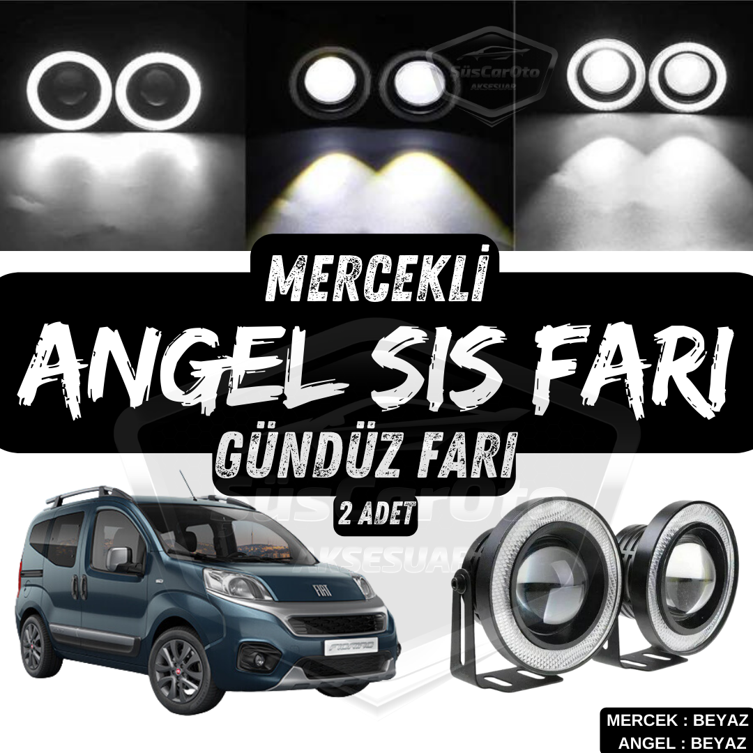 Fiat Fiorino 2008-2023 Uyumlu Üniversal Mercekli Angel Sis Farı Metal Su Geçirmez 76 mm Beyaz Halkalı Gündüz Farı Angel Eyes 2 Adet image 0