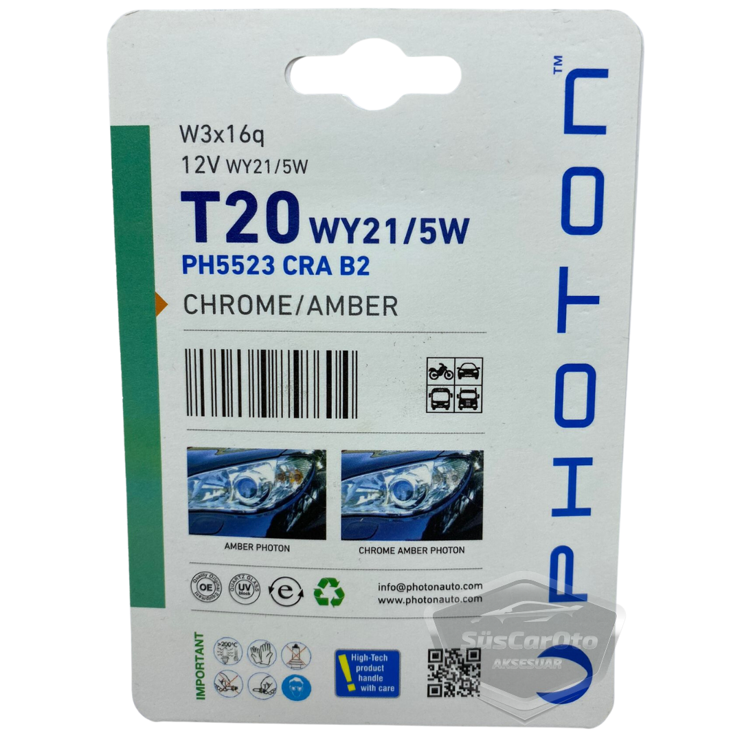 Photon Blister Minyatür Serisi Diadem Ampul Krom Amber Park Sinyal Ampulü Gündüz Farı T20 WY21/5W 12V Turuncu Işık 2'li Takım image 1