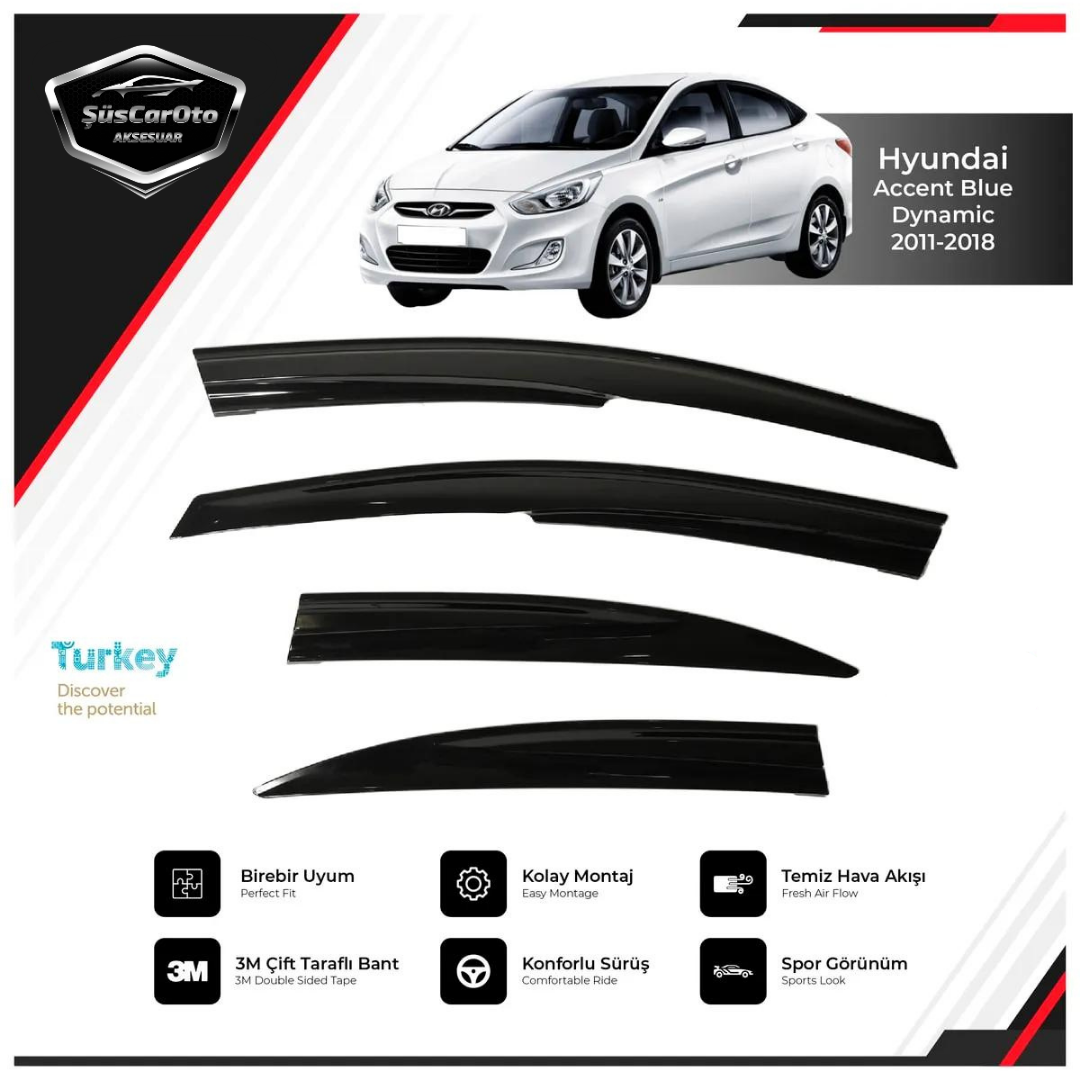 Hyundai Accent Blue 2011-2018 Uyumlu Mugen Cam Rüzgarlığı Seti Piano Black 4'lü İthal image 1