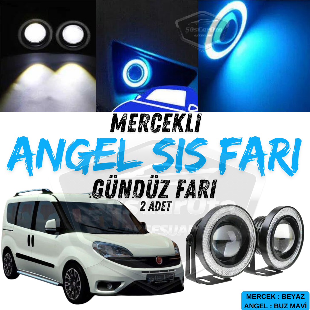 Fiat Doblo D4 2015-2021 Uyumlu Üniversal Mercekli Angel Sis Farı Metal Su Geçirmez 76 mm Buz Mavi Halkalı Gündüz Farı Angel Eyes 2 Adet image 0