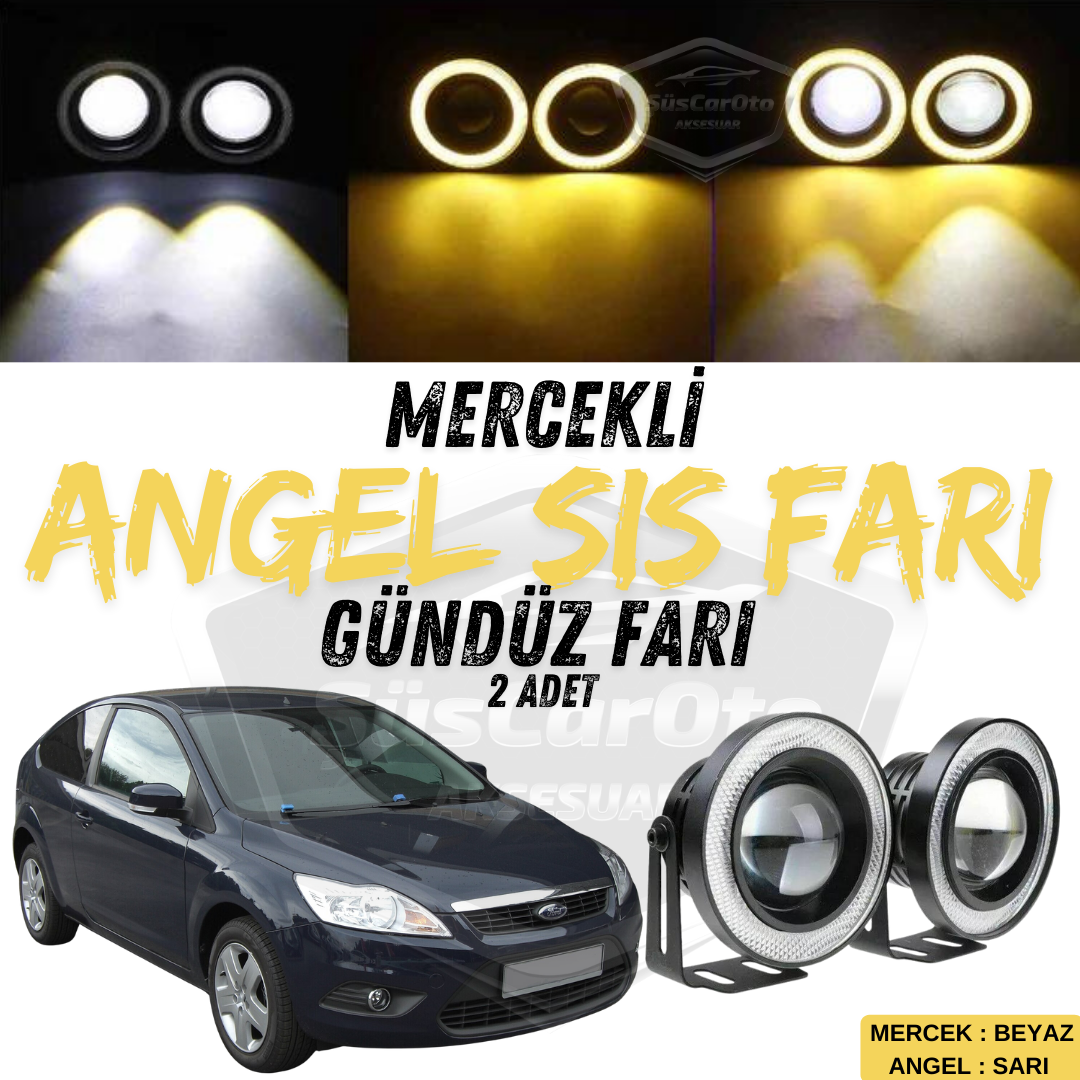 Ford Focus 2.5 2009-2011 Uyumlu Üniversal Mercekli Angel Sis Farı Metal Su Geçirmez 76 mm Sarı Halkalı Gündüz Farı Angel Eyes 2 Adet image 0