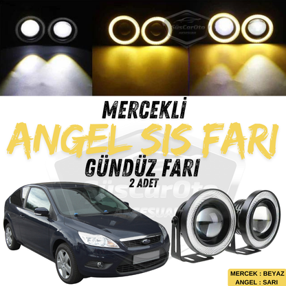 Ford Focus 2.5 2009-2011 Uyumlu Üniversal Mercekli Angel Sis Farı Metal Su Geçirmez 76 mm Sarı Halkalı Gündüz Farı Angel Eyes 2 Adet image 0