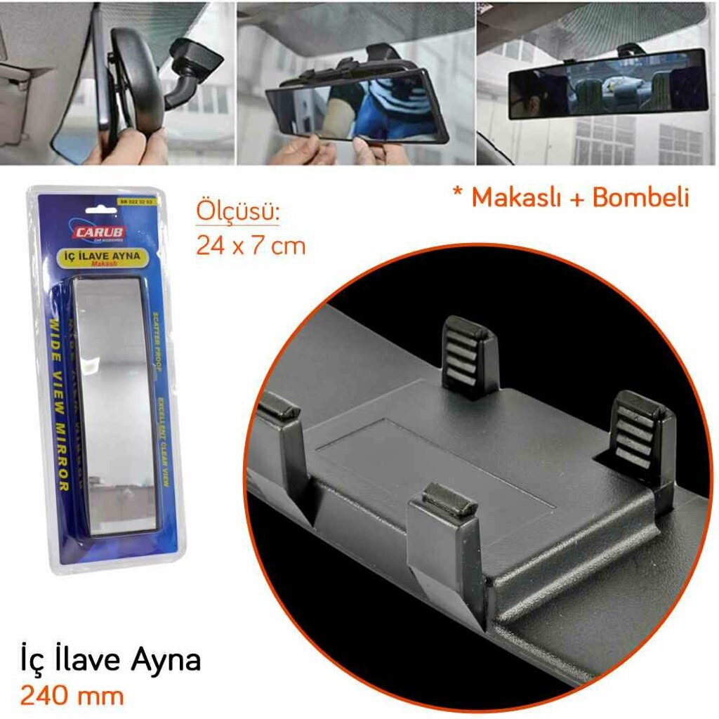 Carub 240 mm Bombeli Makaslı Geçmeli İç İlave Ayna Siyah image 3