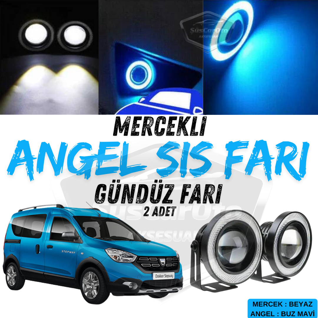 Dacia Dokker 2012-2022 Uyumlu Üniversal Mercekli Angel Sis Farı Metal Su Geçirmez 76 mm Buz Mavi Halkalı Gündüz Farı Angel Eyes 2 Adet image 0