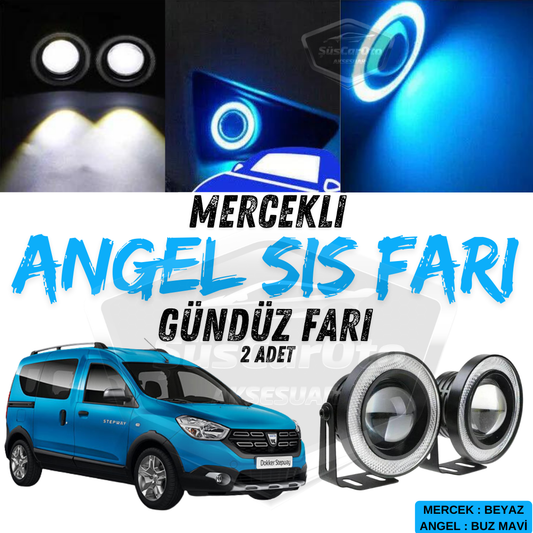 Dacia Dokker 2012-2022 Uyumlu Üniversal Mercekli Angel Sis Farı Metal Su Geçirmez 76 mm Buz Mavi Halkalı Gündüz Farı Angel Eyes 2 Adet image 0