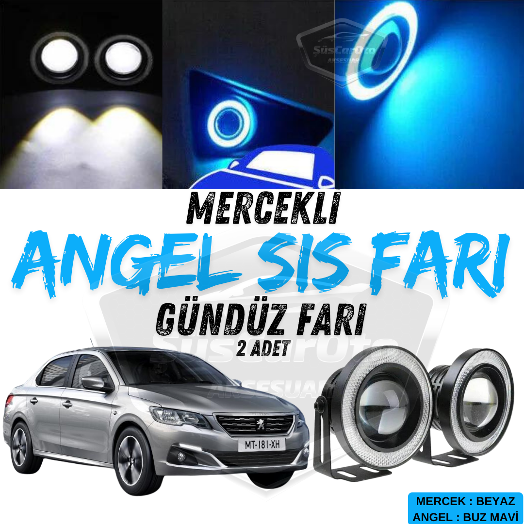 Peugeot 301 2012-2021 Uyumlu Üniversal Mercekli Angel Sis Farı Metal Su Geçirmez 76 mm Buz Mavi Halkalı Gündüz Farı Angel Eyes 2 Adet image 0