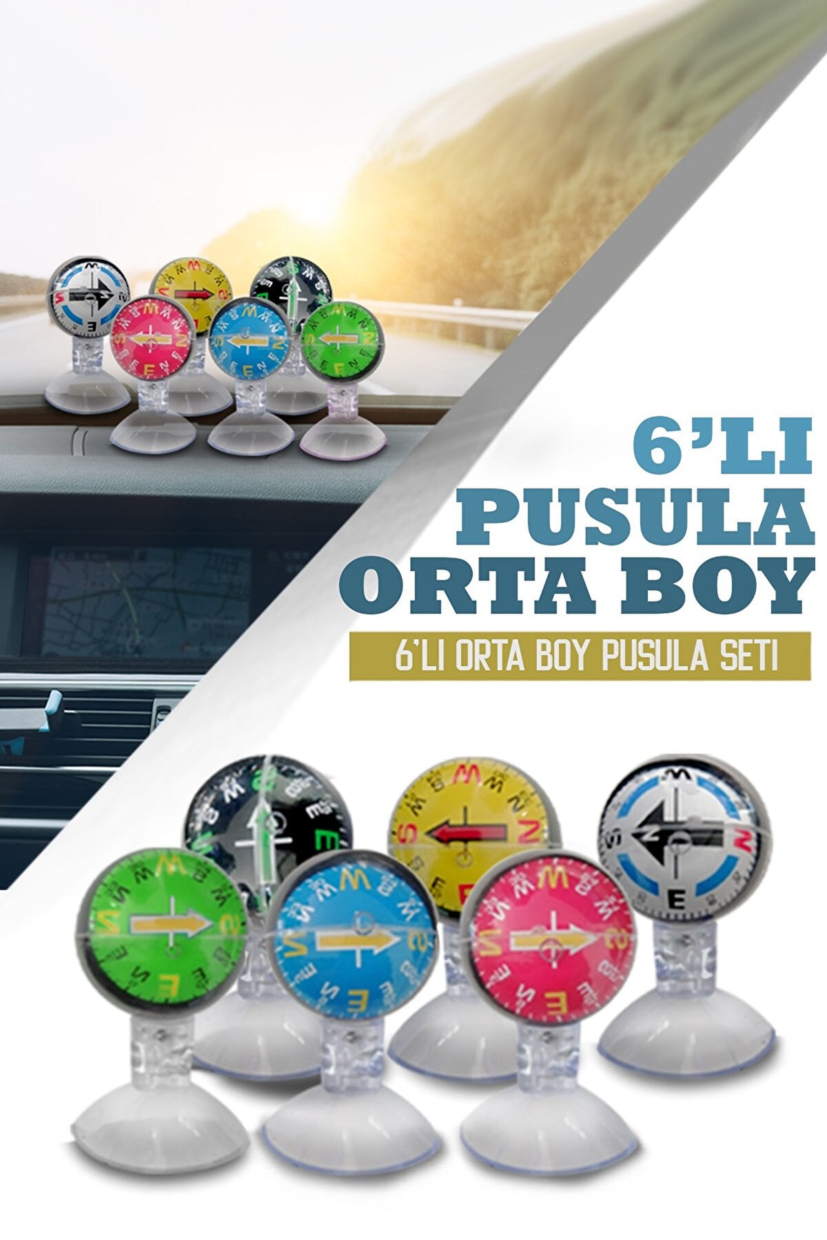 ŞüsCarOto Araç İçi Vantuzlu Pusula Seti Orta Boy 6'lı Ayarlı Nostalji Renkli image 0