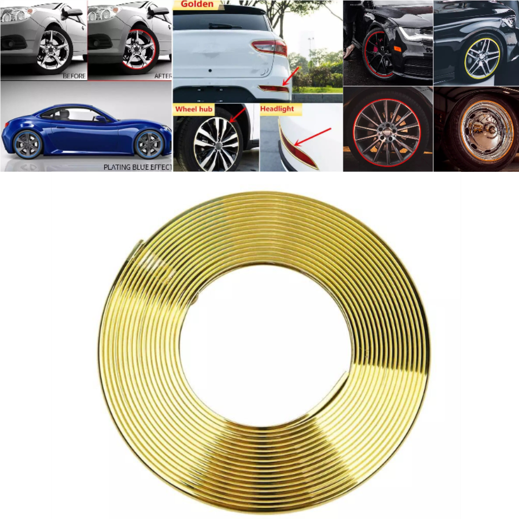 Araç Araba Oto Jant Fitili Metal Görünümlü Lastik Jant Trim Bandı Jant Şeriti 8 Metre Gold image 0