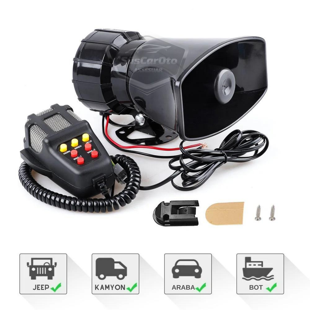 Her Araca Uyumlu 7 Sesli Güçlü Siren Korna Mikrofonlu Megafonlu 12V Polis Sireni 100W image 1