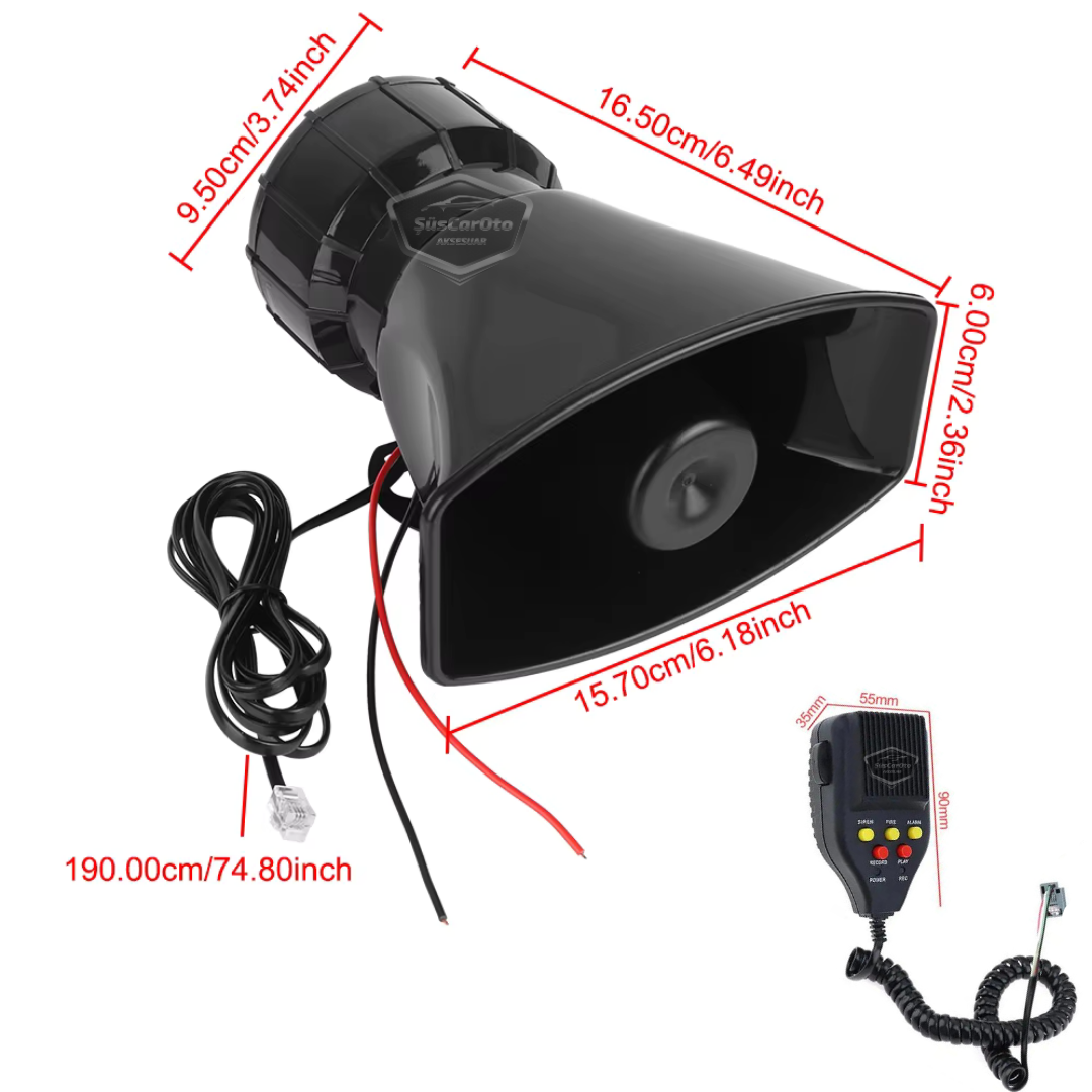 Her Araca Uyumlu Üniversal Ses Kaydetme ve Çalma Özellikli Siren 3 Farklı Siren Sesi Güçlü Polis Sireni Mikrofonlu Megafonlu Korna 12V 100W image 3