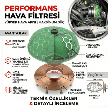 HKS Universal Performans ve Ses Arttırıcı Aparatlı Açık Hava Filtresi +6 Hp Yeşil Mantar Tip 80 mm image 1