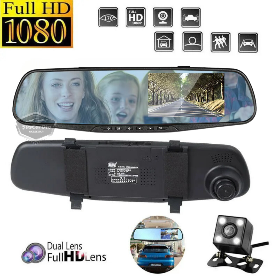 Ön ve Arka Kameralı Dikiz Aynası Geri Görüş Kameralı 4.3" 1080P Full HD Kayıt Çarpışma Algılayıcı Sensörlü Gece Görüşlü Park Sensörü Sesli Yol Kayıt image 0