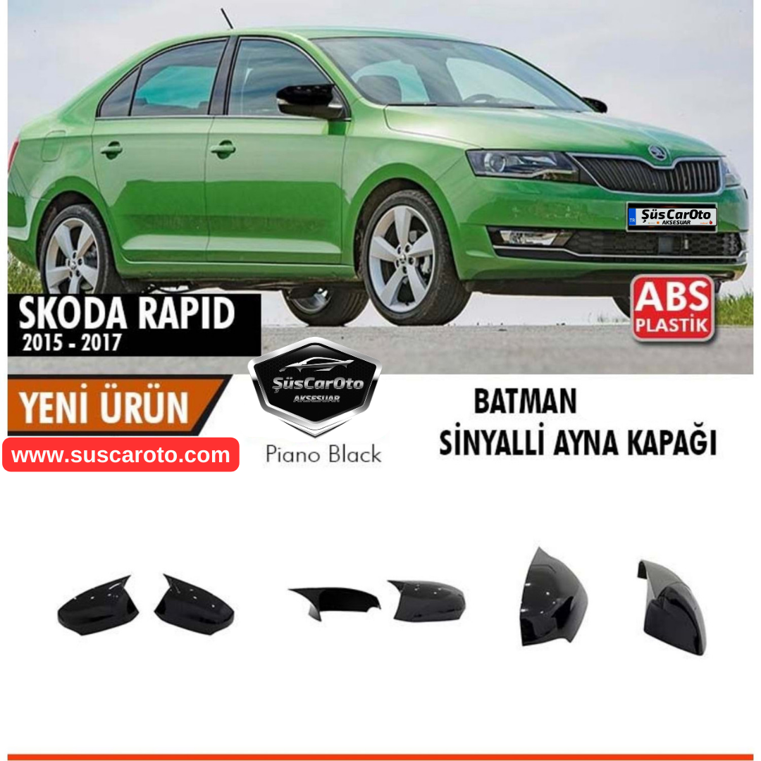Skoda Rapid Sinyalli 2015-2017 Uyumlu Batman Yarasa Ayna Kapağı Piano Black ABS Plastik image 0