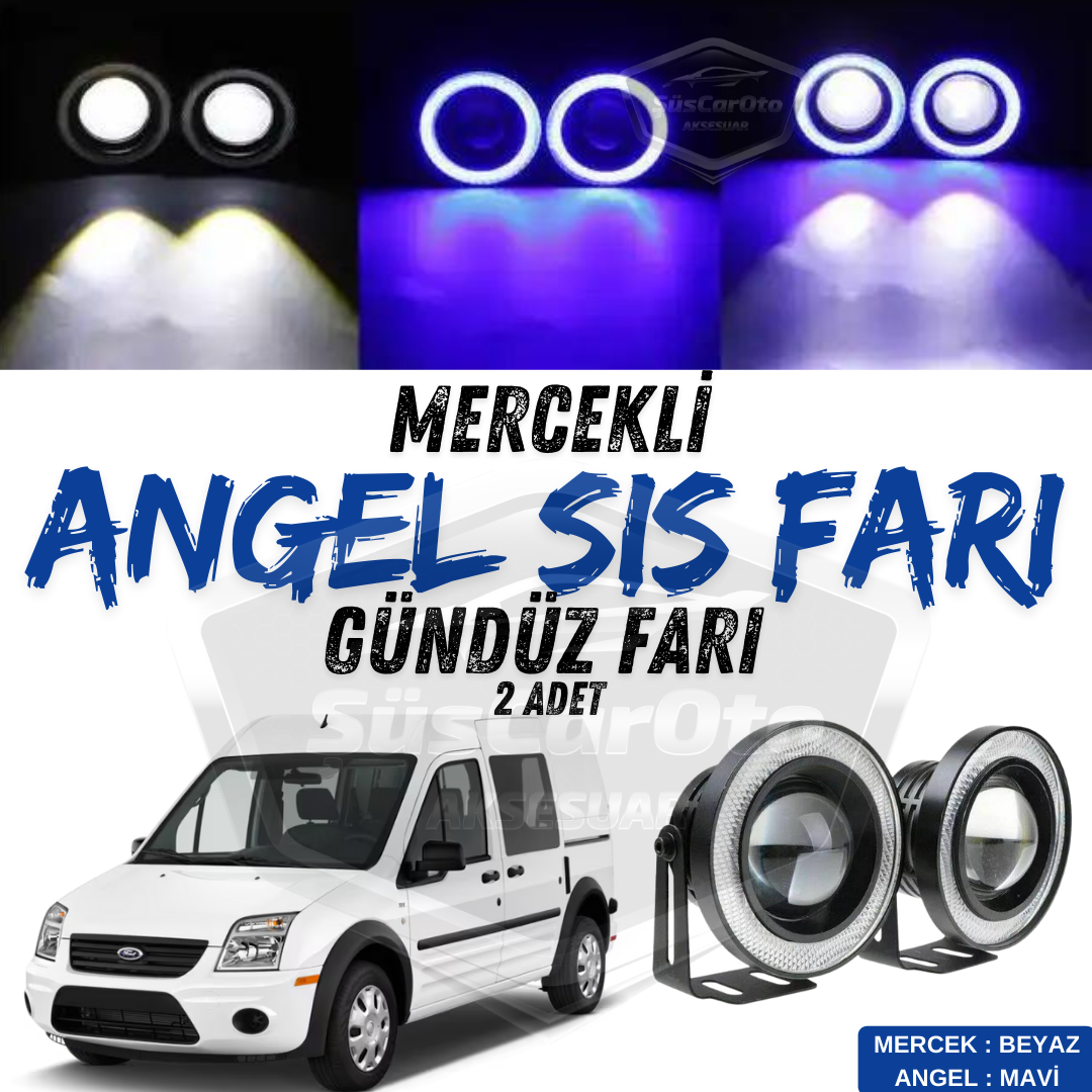 Ford Transit Connect 2002-2013 Uyumlu Üniversal Mercekli Angel Sis Farı Metal Su Geçirmez 76 mm Mavi Halkalı Gündüz Farı Angel Eyes 2 Adet image 0
