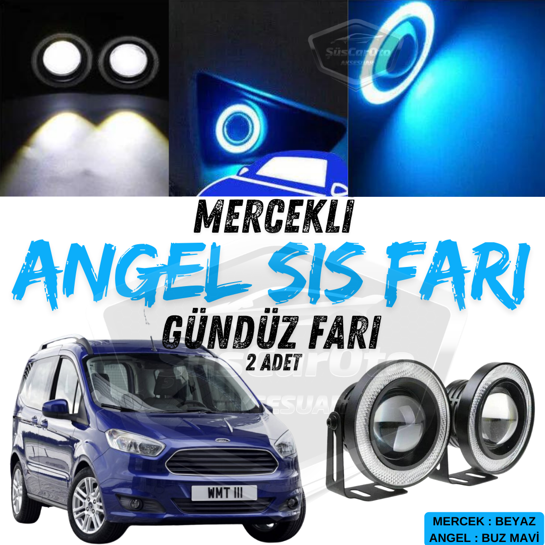 Ford Courier 2014-2023 Uyumlu Üniversal Mercekli Angel Sis Farı Metal Su Geçirmez 76 mm Buz Mavi Halkalı Gündüz Farı Angel Eyes 2 Adet image 0