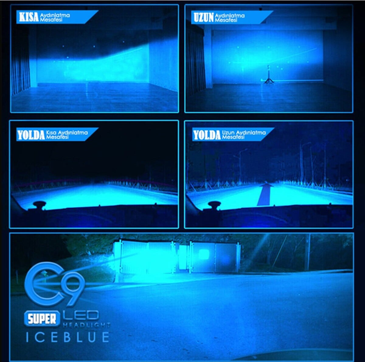 C9 Ultra Buz Mavi Led Xenon Soğutuculu Far Ampulü 9400 LM 10000K Şimşek Etkili Zenon H11 image 2