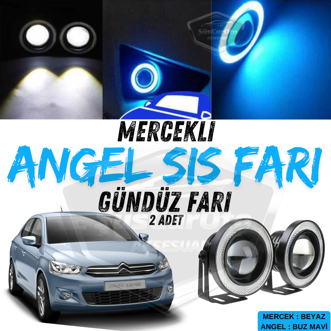 Citroen C Elysee 2012-2023 Uyumlu Üniversal Mercekli Angel Sis Farı Metal Su Geçirmez 76 mm Buz Mavi Halkalı Gündüz Farı Angel Eyes 2 Adet image 0