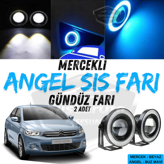 Citroen C Elysee 2012-2023 Uyumlu Üniversal Mercekli Angel Sis Farı Metal Su Geçirmez 76 mm Buz Mavi Halkalı Gündüz Farı Angel Eyes 2 Adet image 0