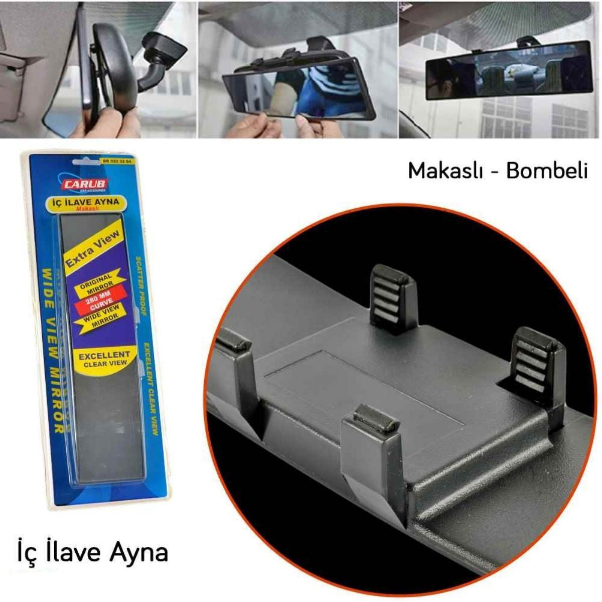 Carub 300 mm Bombeli Makaslı Geçmeli İç İlave Ayna Siyah image 3