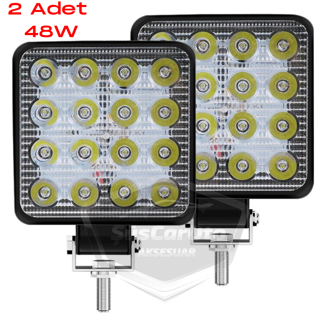 12V-24V Kare Çalışma Lambası 16 Led  Off Road Led Lamba Traktör Kamyon Tır Motosiklet Sis Farı Beyaz Projektör 48 Watt 11 cm 2 Adet image 0