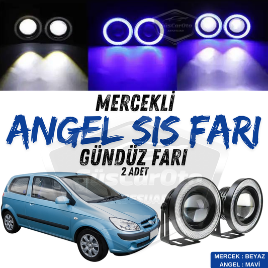 Hyundai Getz 2002–2011 Uyumlu Üniversal Mercekli Angel Sis Farı Metal Su Geçirmez 76 mm Mavi Halkalı Gündüz Farı Angel Eyes 2 Adet image 0