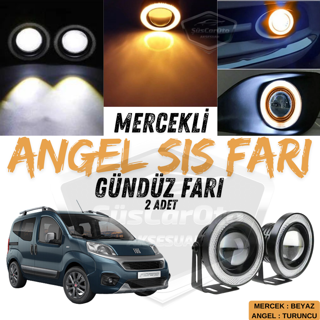 Fiat Fiorino 2008-2023 Uyumlu Üniversal Mercekli Angel Sis Farı Metal Su Geçirmez 76 mm Turuncu Halkalı Gündüz Farı Angel Eyes 2 Adet image 0