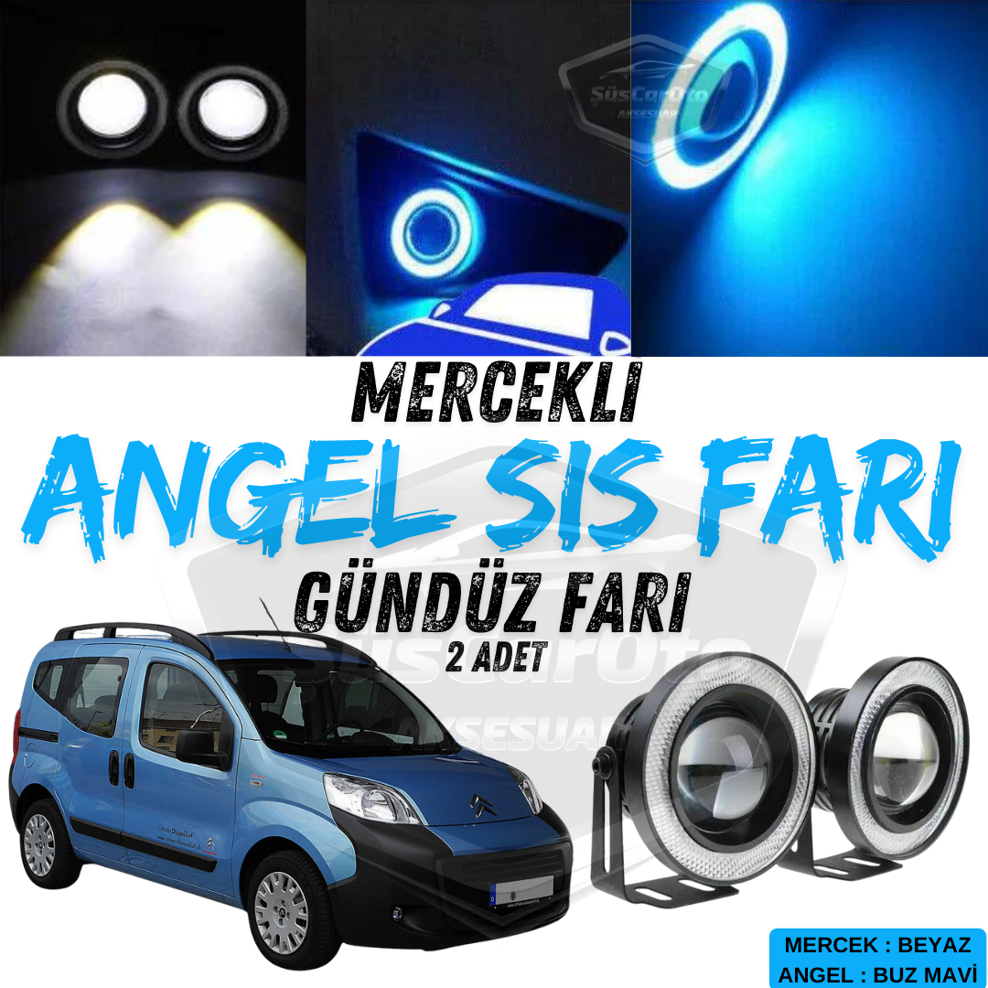 Citroen Nemo 2008-2022 Uyumlu Üniversal Mercekli Angel Sis Farı Metal Su Geçirmez 76 mm Buz Mavi Halkalı Gündüz Farı Angel Eyes 2 Adet image 0
