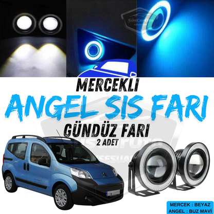 Citroen Nemo 2008-2022 Uyumlu Üniversal Mercekli Angel Sis Farı Metal Su Geçirmez 76 mm Buz Mavi Halkalı Gündüz Farı Angel Eyes 2 Adet image 0