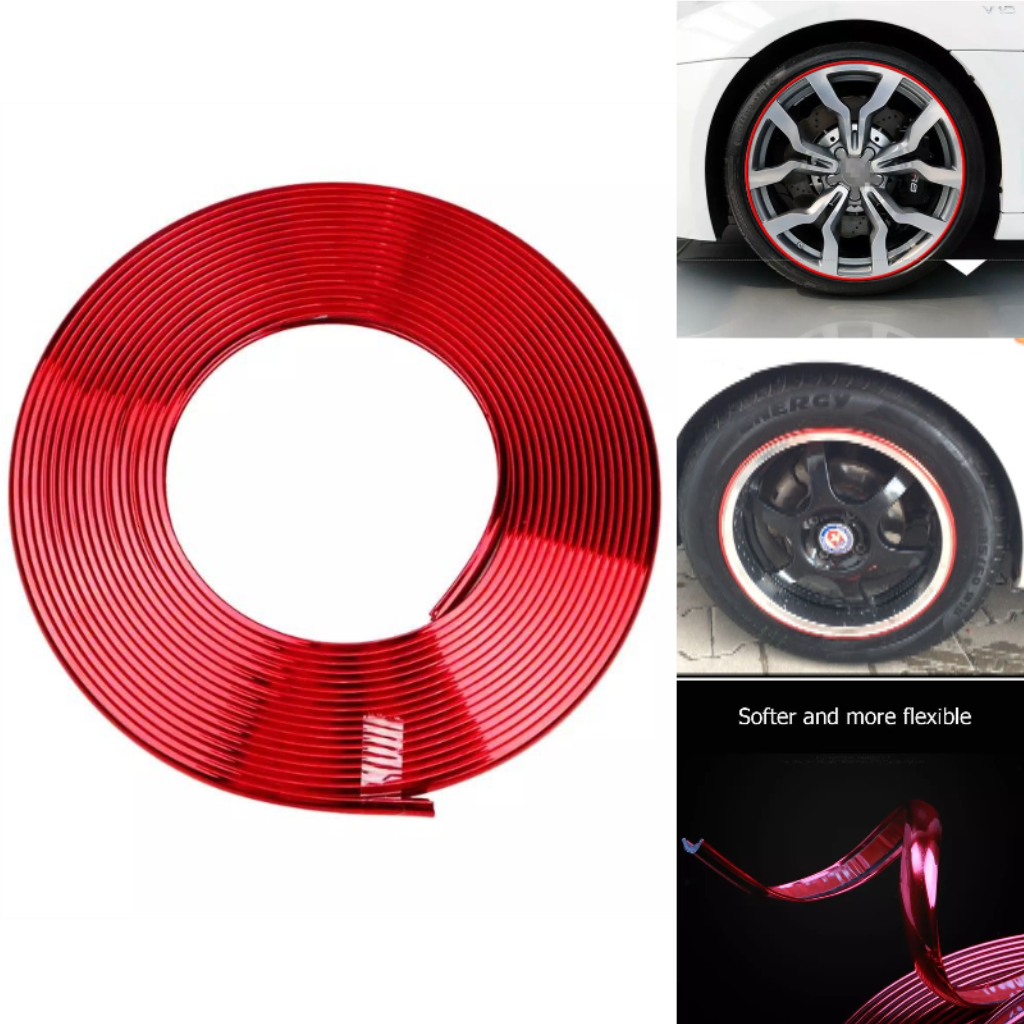 Araç Araba Oto Jant Fitili Metal Görünümlü Lastik Jant Trim Bandı Jant Şeriti 8 Metre Kırmızı image 0