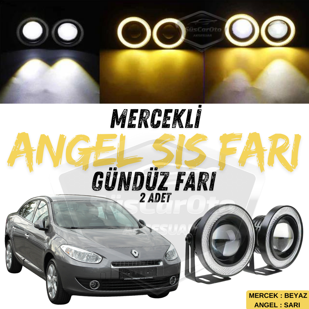Renault Fluence 2009-2016 Uyumlu Üniversal Mercekli Angel Sis Farı Metal Su Geçirmez 76 mm Sarı Halkalı Gündüz Farı Angel Eyes 2 Adet image 0