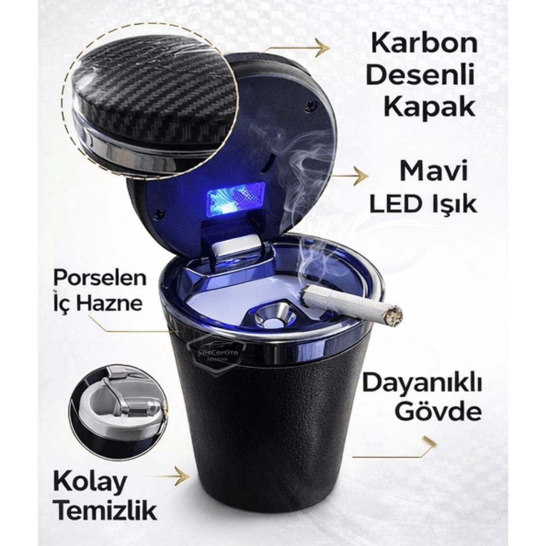 Üniversal Porselen Yanmaz Koku Geçirmez Mavi Işıklı Lüx Oto Küllük Dumansız Kapaklı Spor Araç İçi Küllük Araba Küllüğü Karbon Kapak image 5