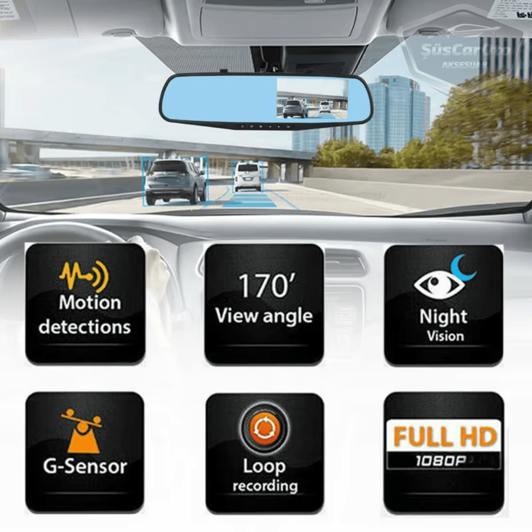 Ön ve Arka Kameralı Dikiz Aynası Geri Görüş Kameralı 4.3" 1080P Full HD Kayıt Çarpışma Algılayıcı Sensörlü Gece Görüşlü Park Sensörü Sesli Yol Kayıt image 8