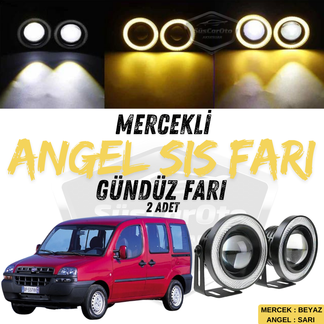 Fiat Doblo D1 2000-2005 Uyumlu Üniversal Mercekli Angel Sis Farı Metal Su Geçirmez 76 mm Sarı Halkalı Gündüz Farı Angel Eyes 2 Adet image 0