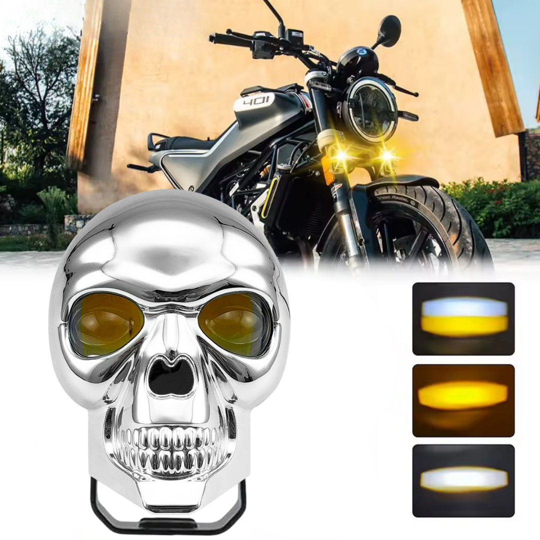 Universal Kurukafa Sis Farı Çakarlı Çift Renk Sarı-Beyaz 9-60V Kafatası Araç Motosiklet Off Road Led Lamba Delici Yayıcı Projektör 50W Metal Arazi Çalışma Lambası 1 Adet Krom image 7