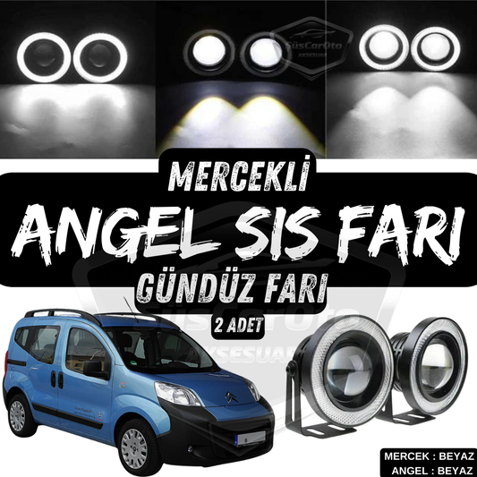 Citroen Nemo 2008-2022 Uyumlu Üniversal Mercekli Angel Sis Farı Metal Su Geçirmez 76 mm Beyaz Halkalı Gündüz Farı Angel Eyes 2 Adet image 0