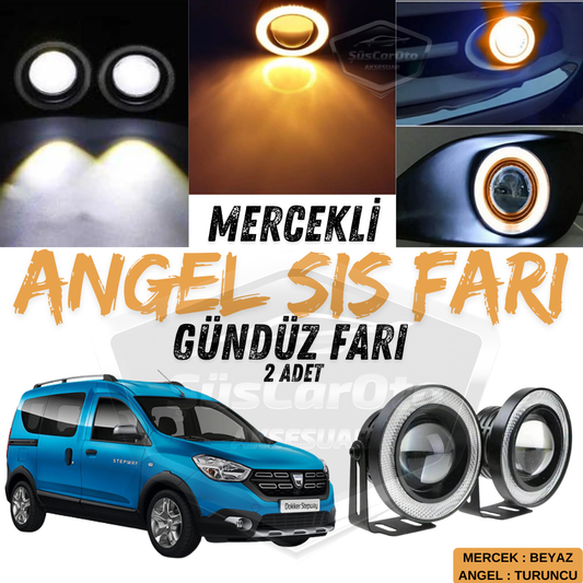 Dacia Dokker 2012-2022 Uyumlu Üniversal Mercekli Angel Sis Farı Metal Su Geçirmez 76 mm Turuncu Halkalı Gündüz Farı Angel Eyes 2 Adet image 0