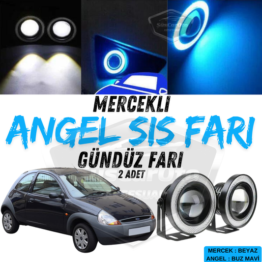 Ford Ka 1996-2008 Uyumlu Üniversal Mercekli Angel Sis Farı Metal Su Geçirmez 76 mm Buz Mavi Halkalı Gündüz Farı Angel Eyes 2 Adet image 0
