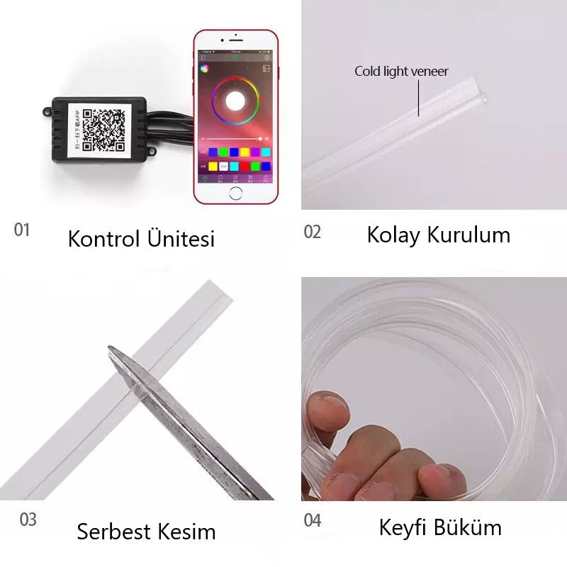 Araç İçi App Kontrollü RGB Atmosfer Ambiyans Led Neon Lamba 5 Parça 6 Metre image 5
