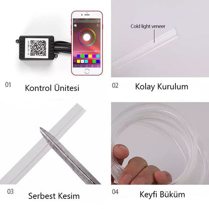Araç İçi App Kontrollü RGB Atmosfer Ambiyans Led Neon Lamba 5 Parça 6 Metre image 5