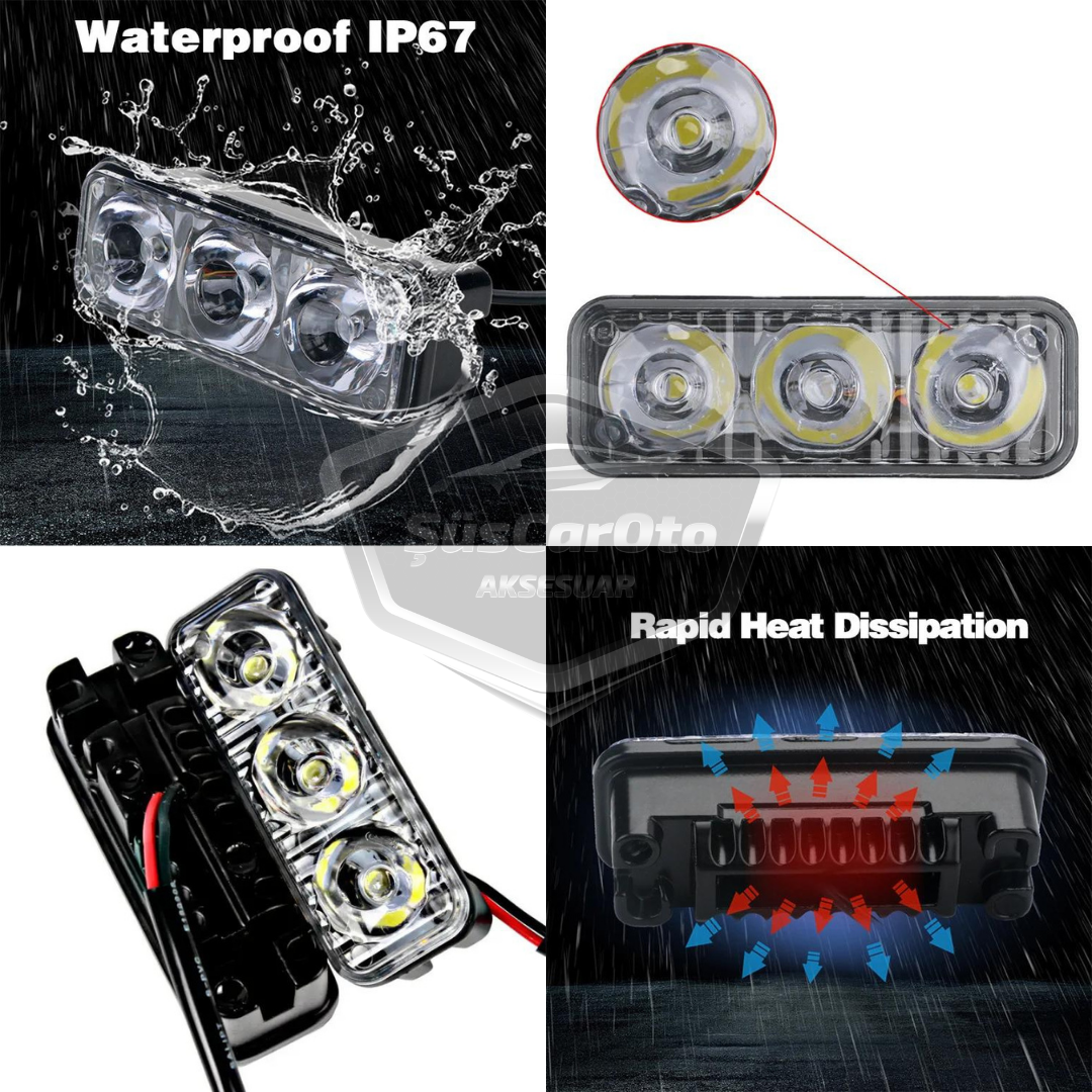 DRL 3 Led Mercekli Araba Gündüz Farı Araç Motosiklet Gündüz Ledi Oto DRL Led Lamba Güçlü Işık 12V Su Geçirmez Metal Beyaz 2 Adet image 1